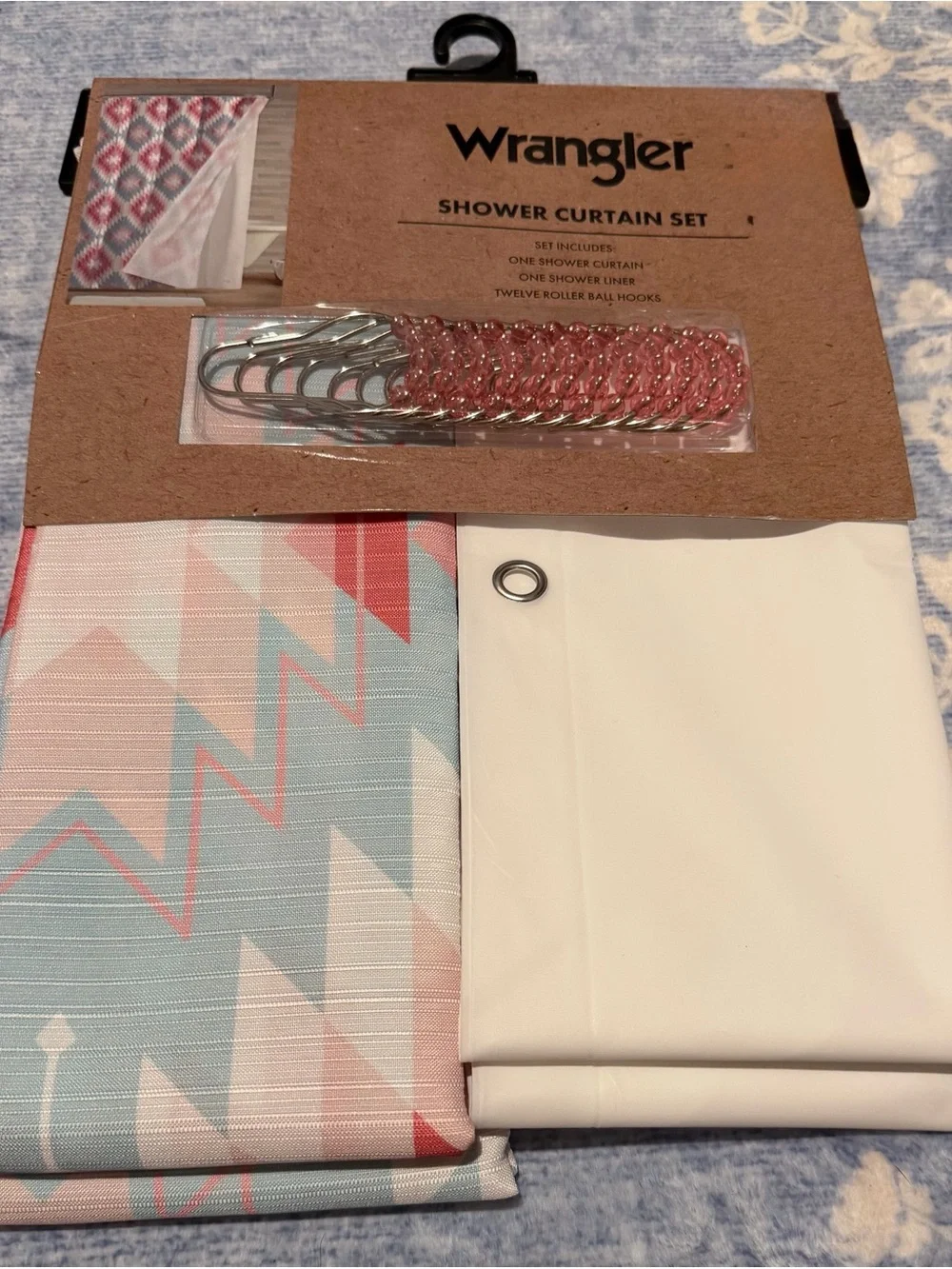 Wrangler Pink & Light Blue Geometric Shower Curtain Set with White Liner